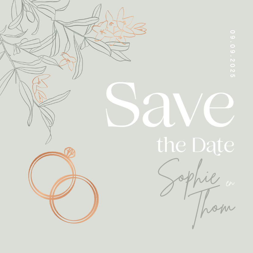 Trouwkaarten - Trendy Save the Date groen olijftakjes brons