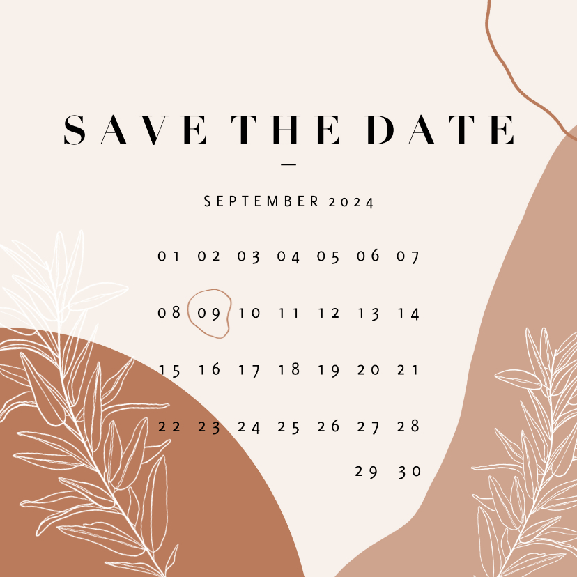 Trendy Save the Date kalender abstracte vormen en plantje - Trouwkaarten Trouwkaarten - Trendy Save the Date kalender abstracte vormen en plantje