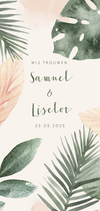 Trendy trouwkaart met roze en groene waterverf bladeren - Trouwkaarten Trouwkaarten - Trendy trouwkaart met roze en groene waterverf bladeren