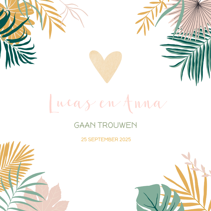 Trouwkaarten - Trendy trouwkaart met tropical bladeren in pastelkleuren