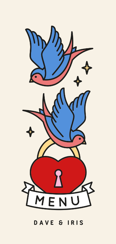 Trouwkaarten - Trouw menukaart met tattoo style illustratie van zwaluwen