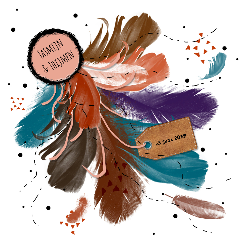 Trouwen boho veren kleur - HR - Trouwkaarten Trouwkaarten - Trouwen boho veren kleur - HR