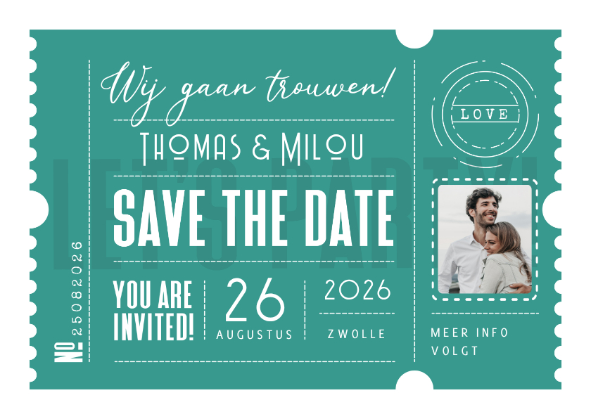 Trouwkaart als ticket hip save the date - Trouwkaarten Trouwkaarten - Trouwkaart als ticket hip save the date