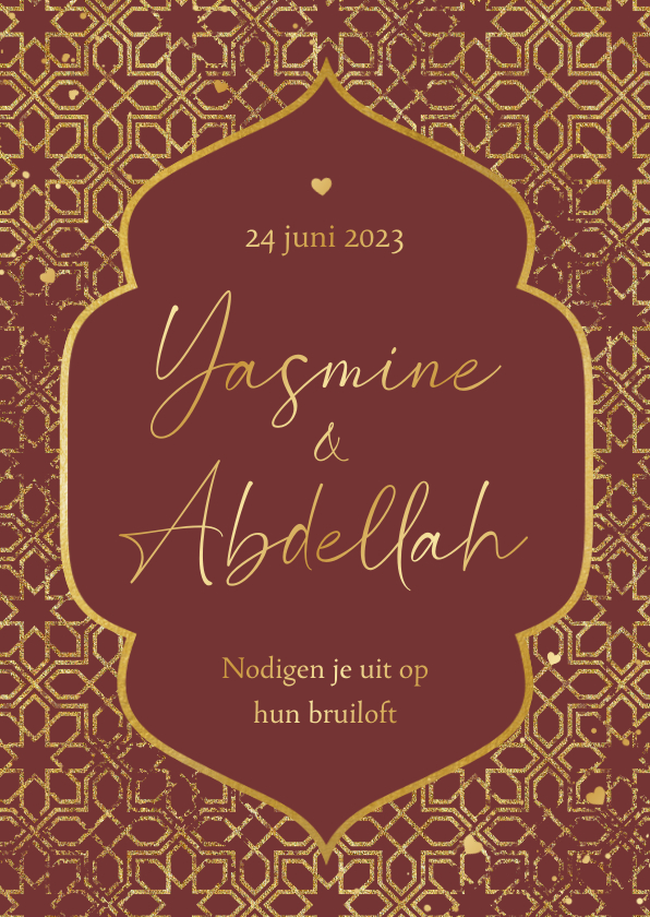 Trouwkaart arabisch patroon goud hartjes stijlvol - Trouwkaarten Trouwkaarten - Trouwkaart arabisch patroon goud hartjes stijlvol