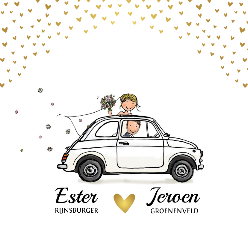 Trouwkaart auto wit hartjes goud av - Trouwkaarten Trouwkaarten - Trouwkaart auto wit hartjes goud av