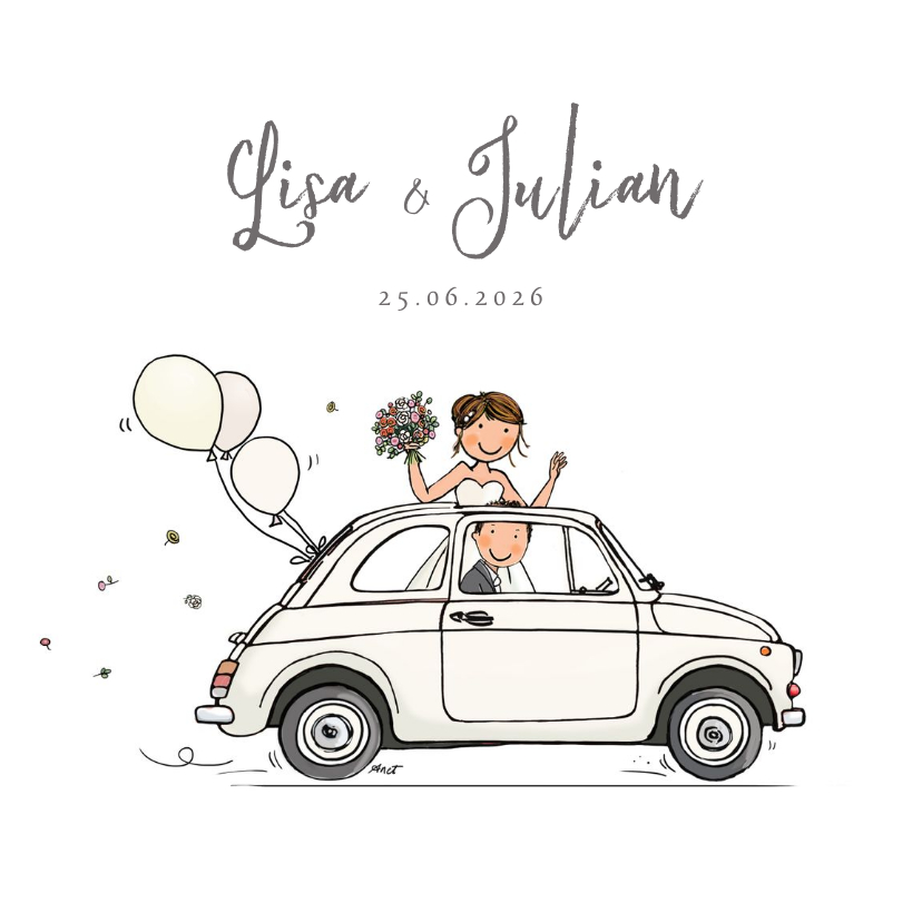 Trouwkaarten - Trouwkaart auto wit met bruidspaar