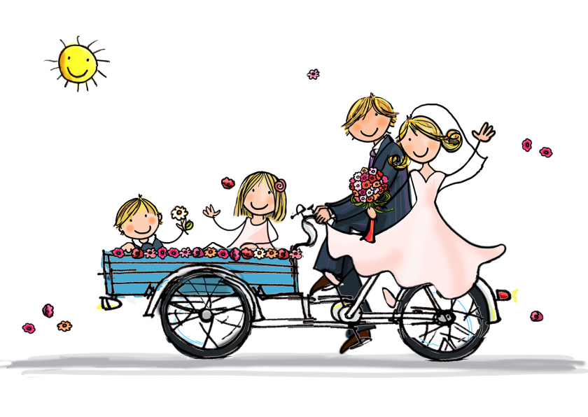 Trouwkaart bakfiets jongen meisje - Trouwkaarten Trouwkaarten - Trouwkaart bakfiets jongen meisje