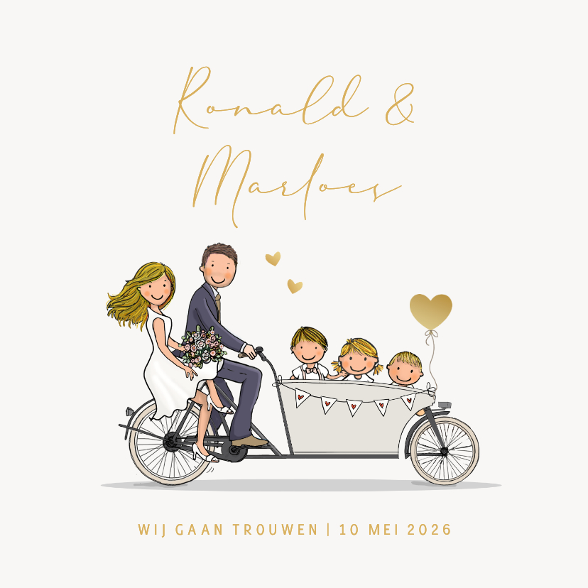 Trouwkaarten - Trouwkaart bakfiets met gezin en hartjes