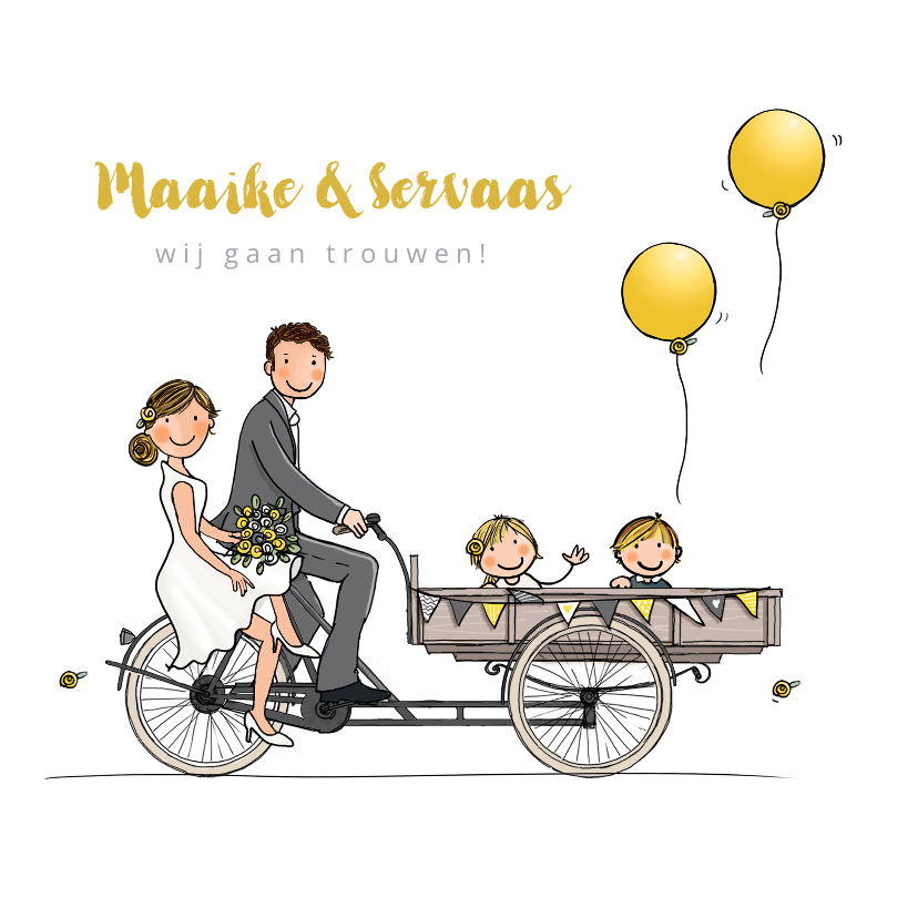 Trouwkaart bakfiets met kinderen geel - Trouwkaarten Trouwkaarten - Trouwkaart bakfiets met kinderen geel