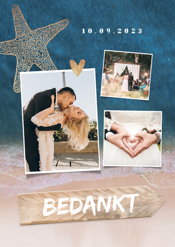 Trouwkaart bedankt strand zomer hout goud hartjes - Trouwkaarten Trouwkaarten - Trouwkaart bedankt strand zomer hout goud hartjes