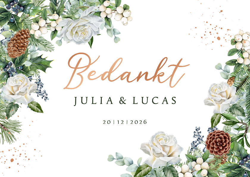 Trouwkaart bedankt witte rozen kerst - Trouwkaarten Trouwkaarten - Trouwkaart bedankt witte rozen kerst