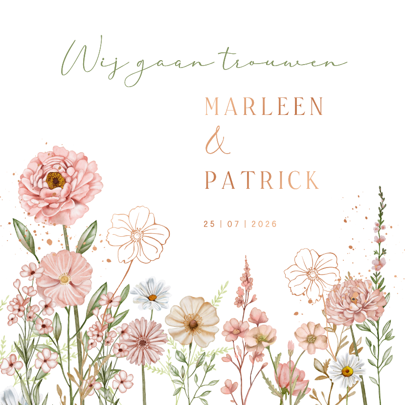 Trouwkaarten - Trouwkaart bloemen in pastel 