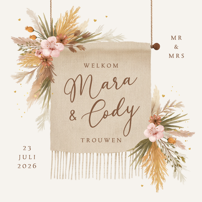 Trouwkaarten - Trouwkaart bohemian bloemen pampasgras zomer strand katoen