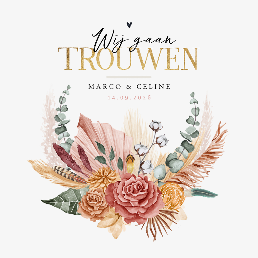 Trouwkaart bohemian stijlvol droogbloemen boeket - Trouwkaarten Trouwkaarten - Trouwkaart bohemian stijlvol droogbloemen boeket