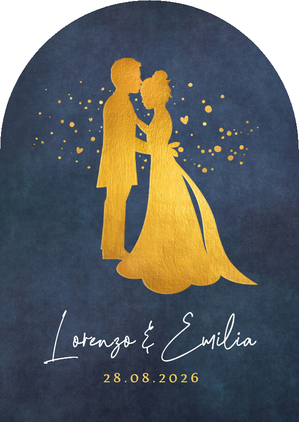 Trouwkaart boog vorm met silhouet van een bruidspaar - Trouwkaarten Trouwkaarten - Trouwkaart boog vorm met silhouet van een bruidspaar