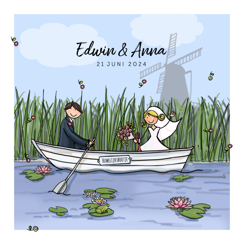 Trouwkaart boot Anet Illustraties - Trouwkaarten Trouwkaarten - Trouwkaart boot Anet Illustraties