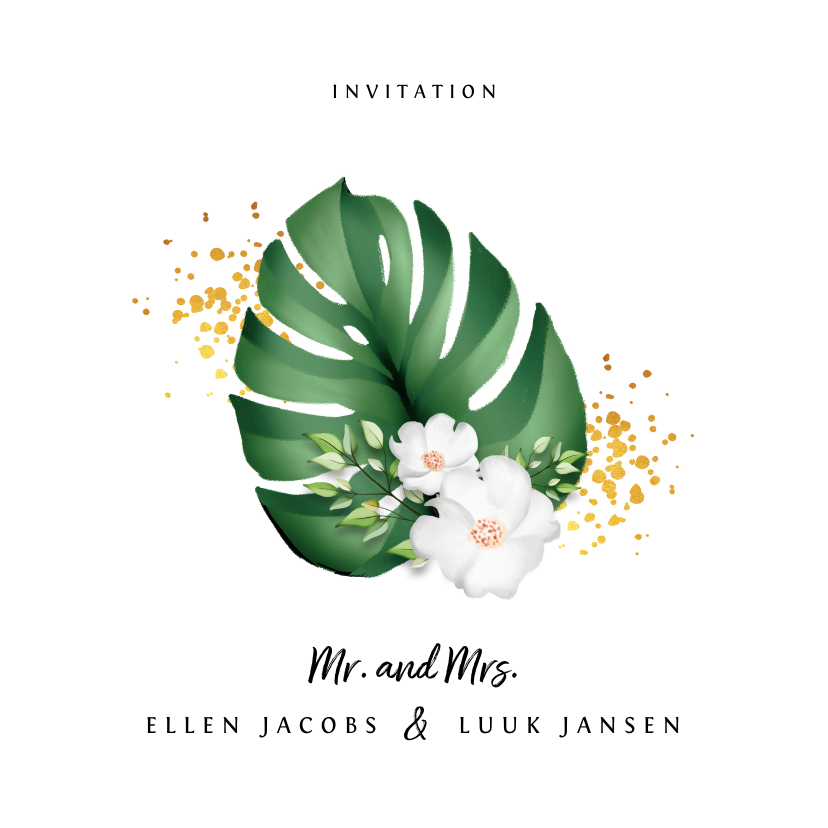 Trouwkaart botanisch stijlvol met blad, goud en bloemen - Trouwkaarten Trouwkaarten - Trouwkaart botanisch stijlvol met blad, goud en bloemen
