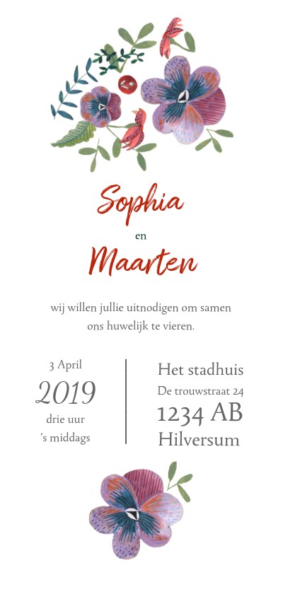 Trouwkaarten - Trouwkaart botanisch viooltjes