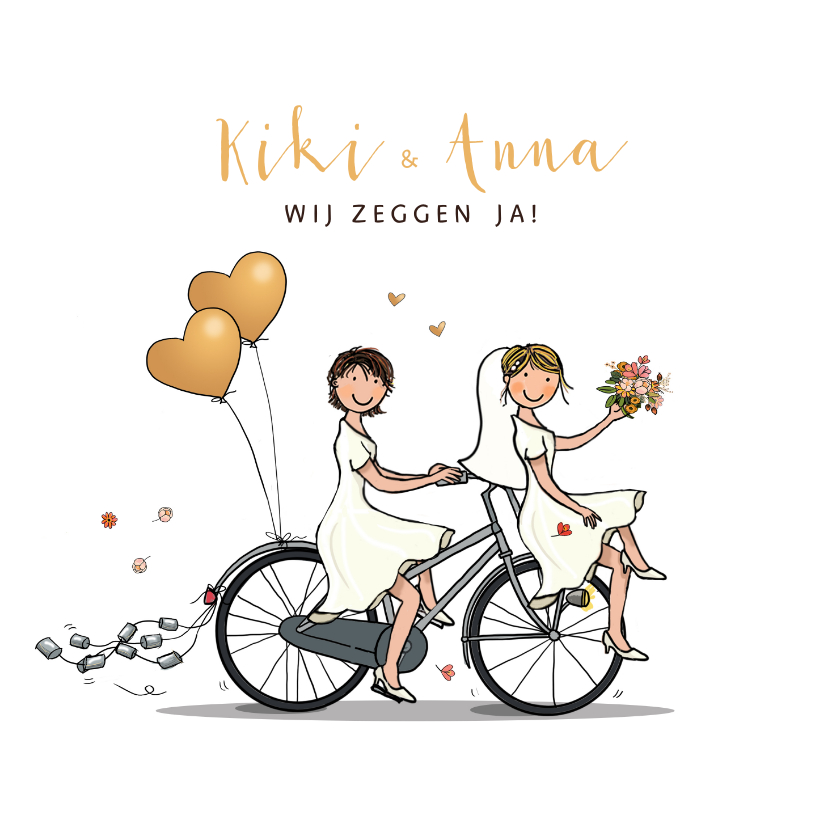 Trouwkaart bruiden fiets en blikjes - Trouwkaarten Trouwkaarten - Trouwkaart bruiden fiets en blikjes