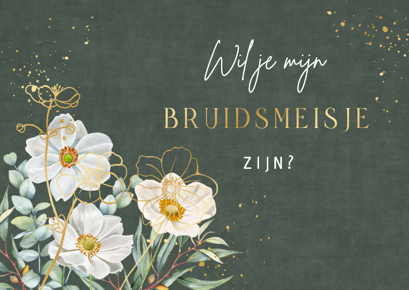 Trouwkaart bruidsmeisje herfstanemoontjes op groen fluweel. - Trouwkaarten Trouwkaarten - Trouwkaart bruidsmeisje herfstanemoontjes op groen fluweel.