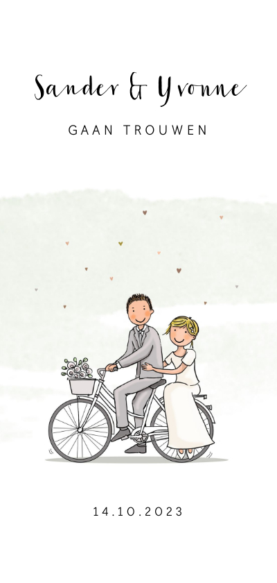 Trouwkaart bruidspaar op fiets met hartjes - Trouwkaarten Trouwkaarten - Trouwkaart bruidspaar op fiets met hartjes