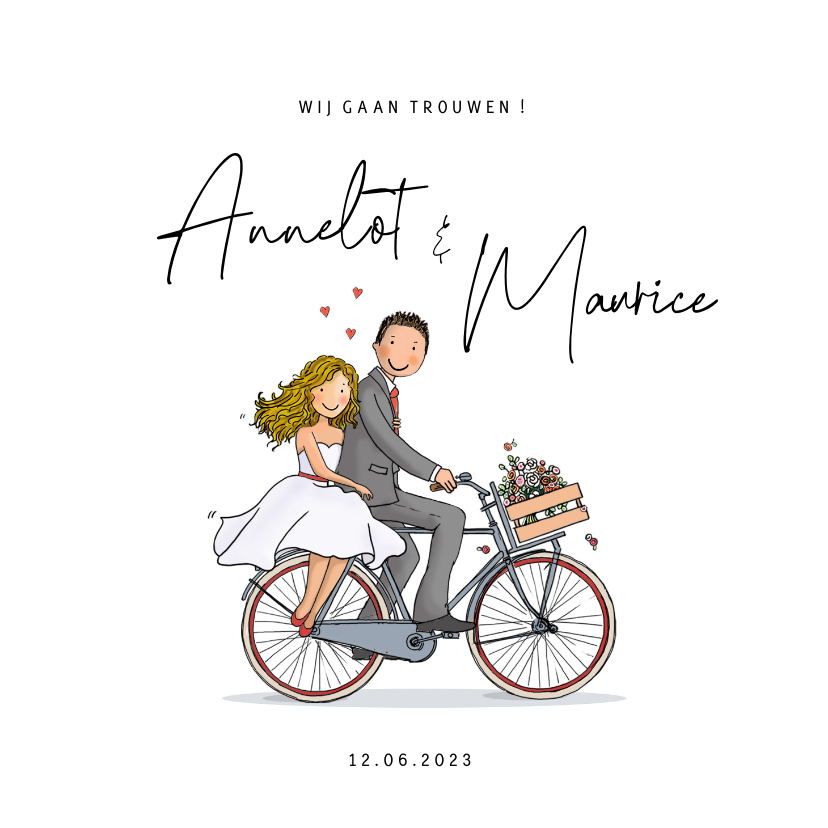 Trouwkaarten - Trouwkaart bruidspaar op fiets samen