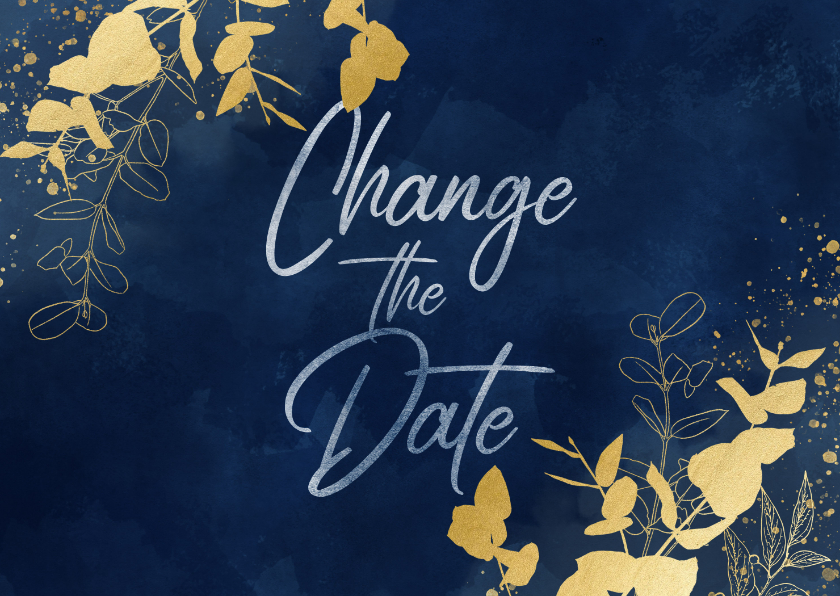 Trouwkaarten - Trouwkaart Change the date blauwe waterverf gouden planten