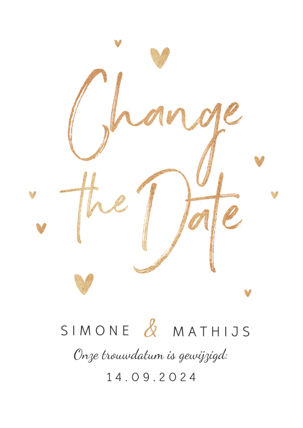 Trouwkaart change the date goud stijlvol hartjes - Trouwkaarten Trouwkaarten - Trouwkaart change the date goud stijlvol hartjes