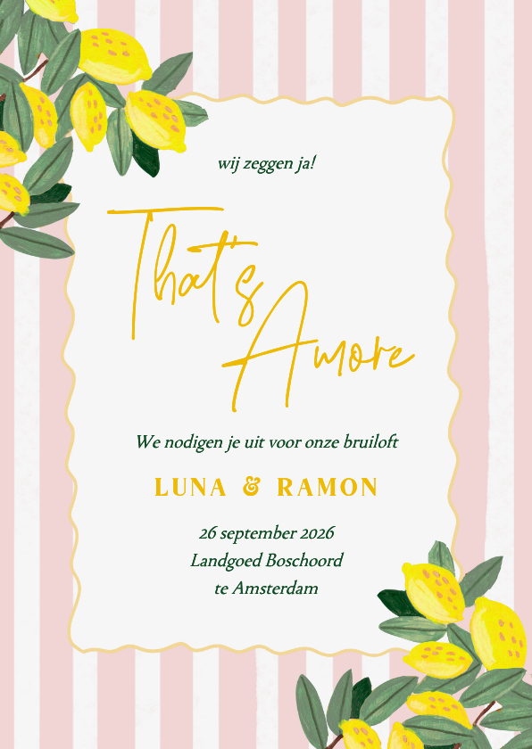Trouwkaarten - Trouwkaart citroenen strepen romantisch zomer bruiloft