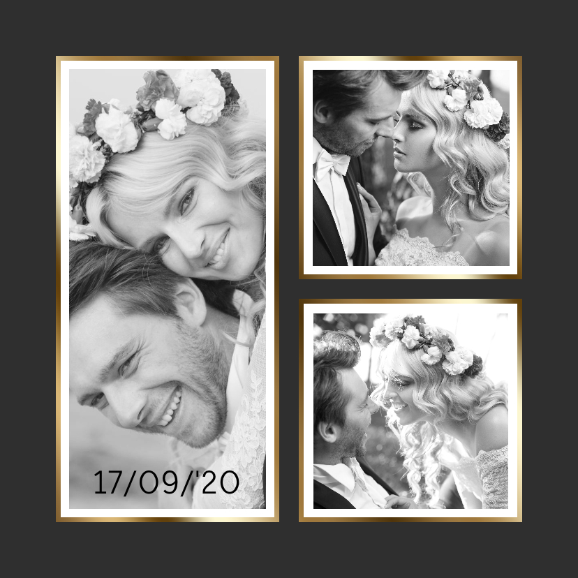 Trouwkaart collage zwart 3x foto - Trouwkaarten Trouwkaarten - Trouwkaart collage zwart 3x foto