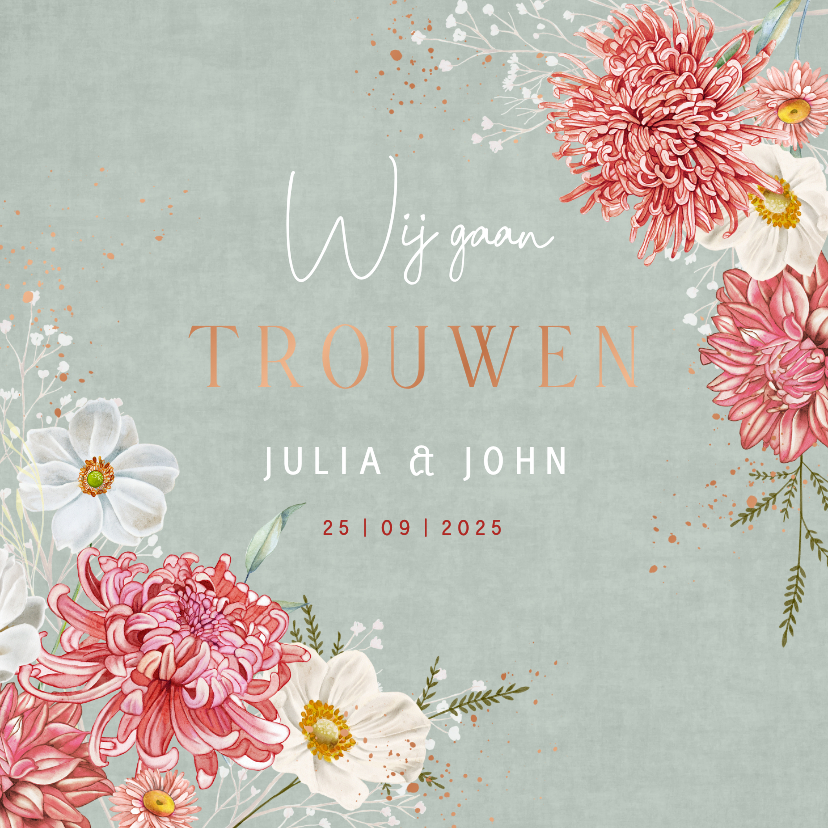 Trouwkaart dahlia en herfstanemoon op groen fluweel - Trouwkaarten Trouwkaarten - Trouwkaart dahlia en herfstanemoon op groen fluweel