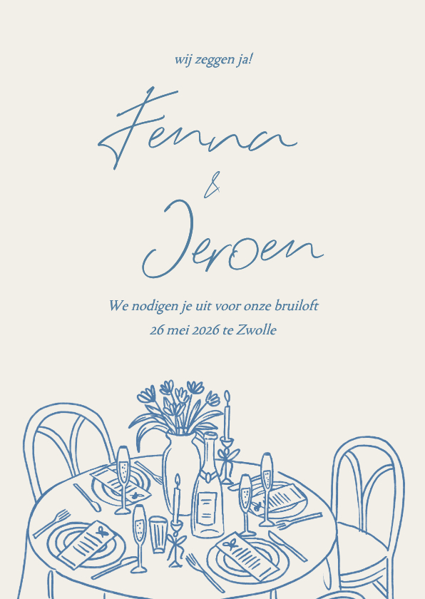 Trouwkaarten - Trouwkaart doodle tekening gedekte diner tafel