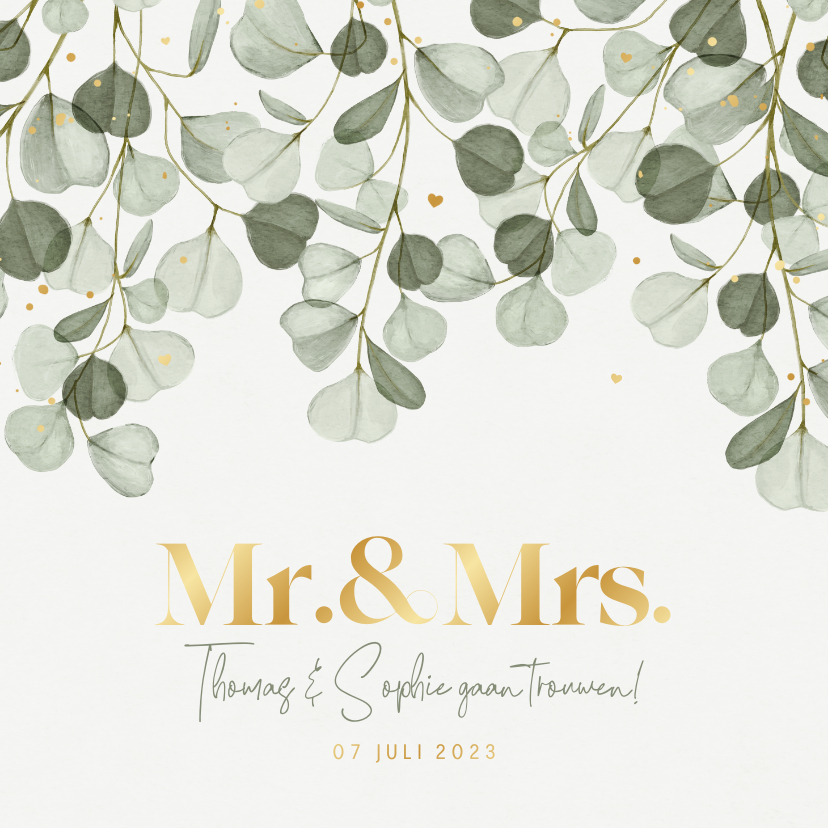 Trouwkaart eucalyptus bladeren gouden confetti hartjes - Trouwkaarten Trouwkaarten - Trouwkaart eucalyptus bladeren gouden confetti hartjes