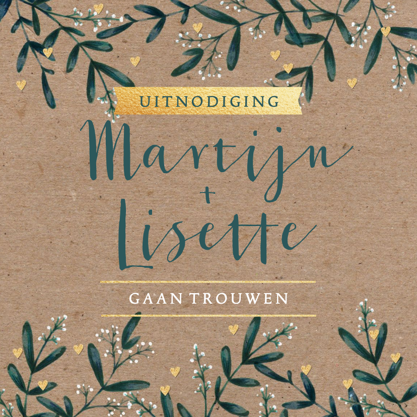 Trouwkaarten - Trouwkaart eucalyptus kraftlook hartjes