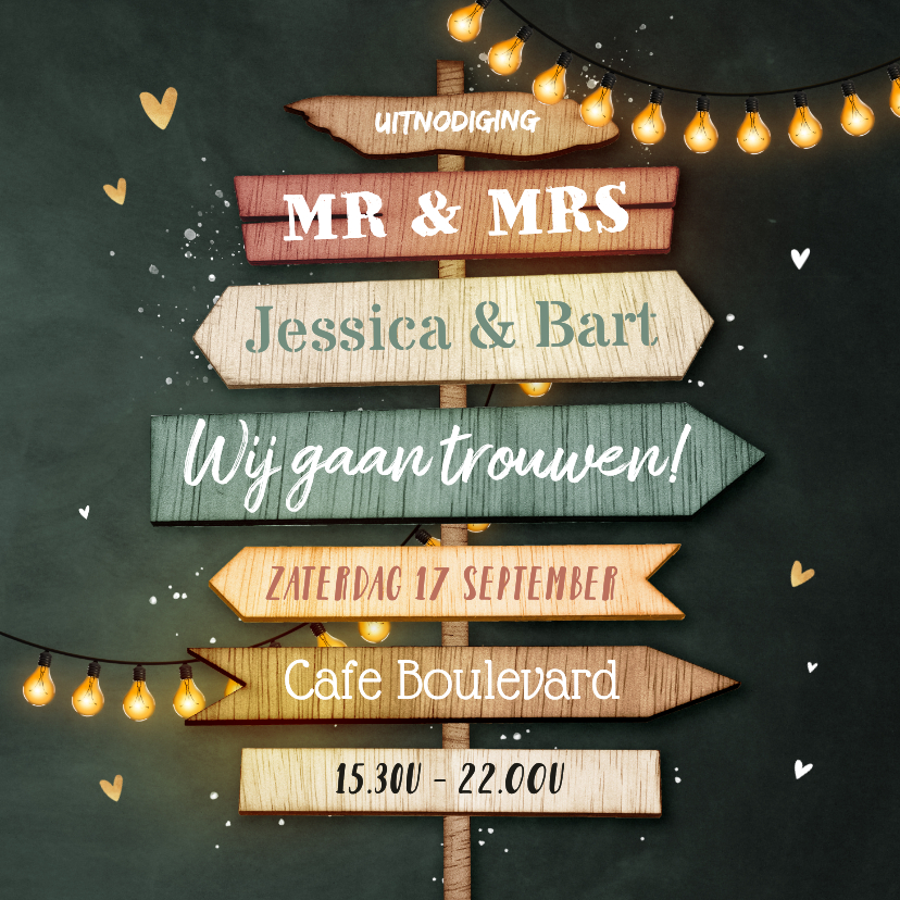 Trouwkaarten - Trouwkaart festival wegwijzers hout liefde hartjes krijtbord