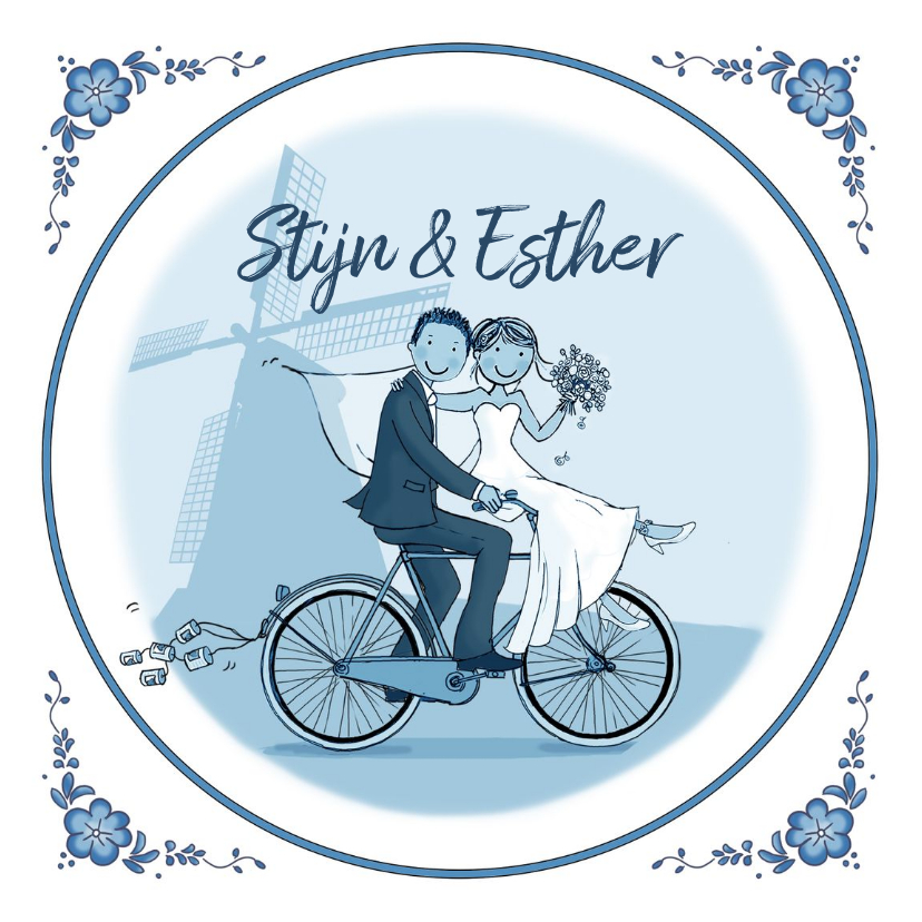 Trouwkaart fiets delftsblauw molen - Trouwkaarten Trouwkaarten - Trouwkaart fiets delftsblauw molen