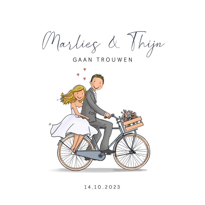 Trouwkaart fiets met bruidspaar hartjes Trouwkaart fiets met bruidspaar hartjes