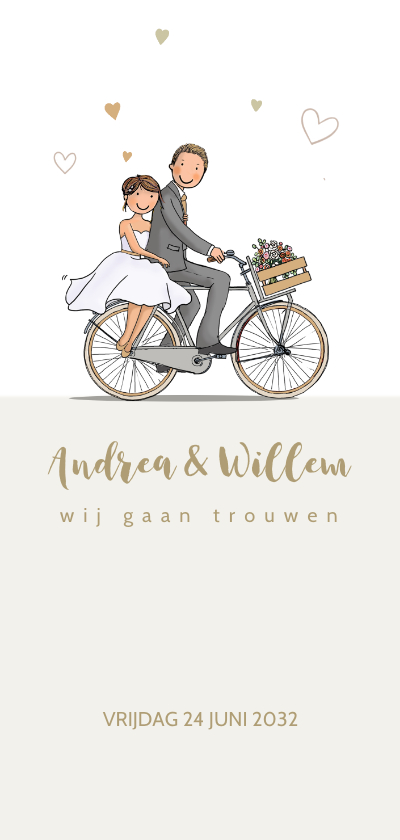 Trouwkaarten - Trouwkaart fiets met hartjes