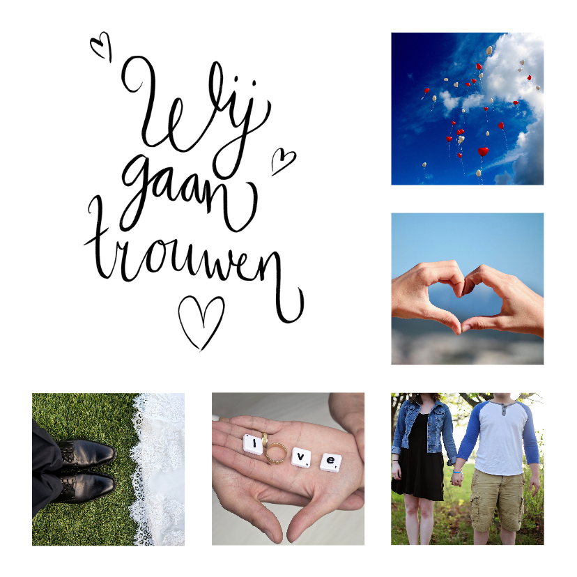 Trouwkaart fotocollage wij gaan trouwen met hartjes - Trouwkaarten Trouwkaarten - Trouwkaart fotocollage wij gaan trouwen met hartjes