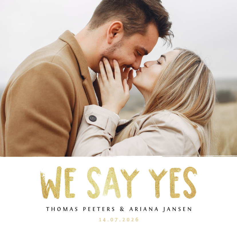 Trouwkaarten - Trouwkaart fotokaart uitnodiging goud stijlvol tijdlijn 