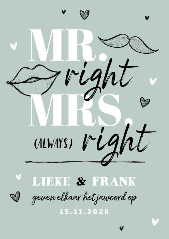 Trouwkaarten - Trouwkaart grappig mr and mrs right hartjes doodle