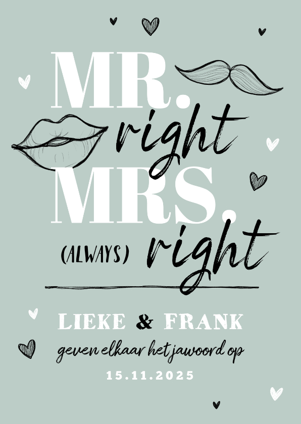 Trouwkaarten - Trouwkaart grappig mr and mrs right hartjes doodle