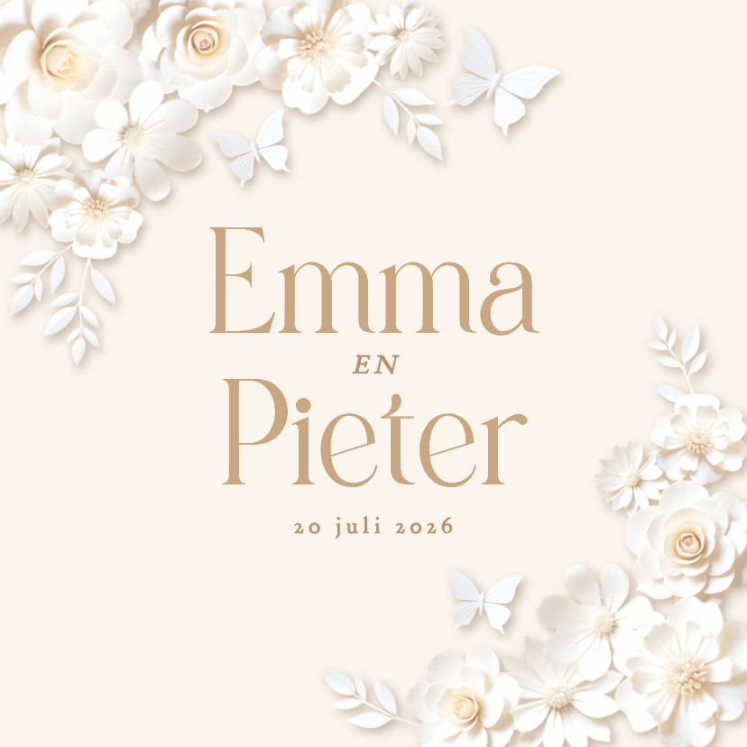 Trouwkaart grote namen met stijlvolle witte bloemen - Trouwkaarten Trouwkaarten - Trouwkaart grote namen met stijlvolle witte bloemen