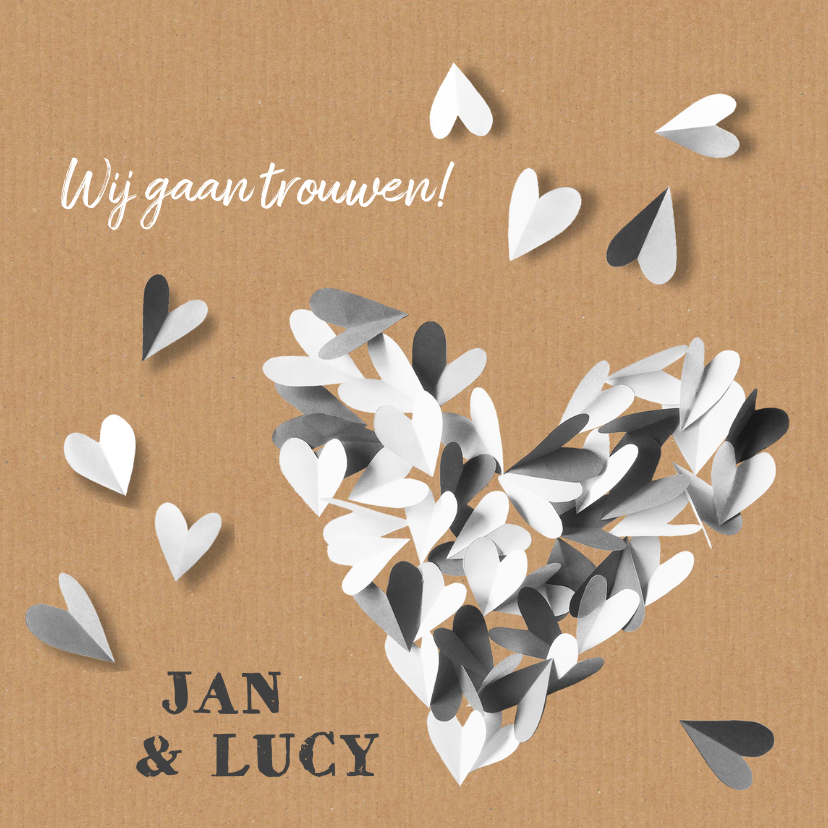 Trouwkaart hart van gevouwen zwart wit hartjes Trouwkaart hart van gevouwen zwart wit hartjes
