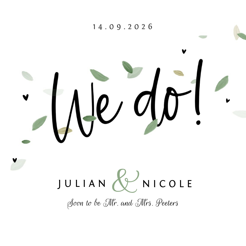 Trouwkaarten - Trouwkaart hip blaadjes eco stijlvol typografisch groen