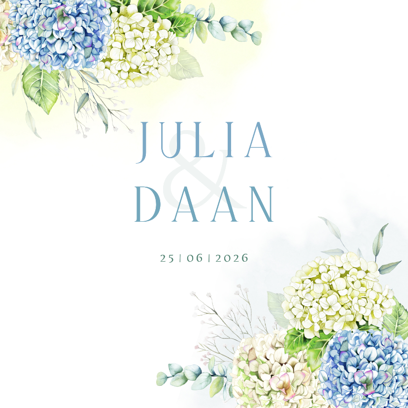 Trouwkaart hortensia's in blauw en wit - Trouwkaarten Trouwkaarten - Trouwkaart hortensia's in blauw en wit