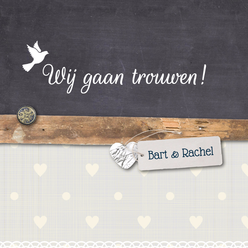 Trouwkaart hout krijt en hartjes - Trouwkaarten Trouwkaarten - Trouwkaart hout krijt en hartjes