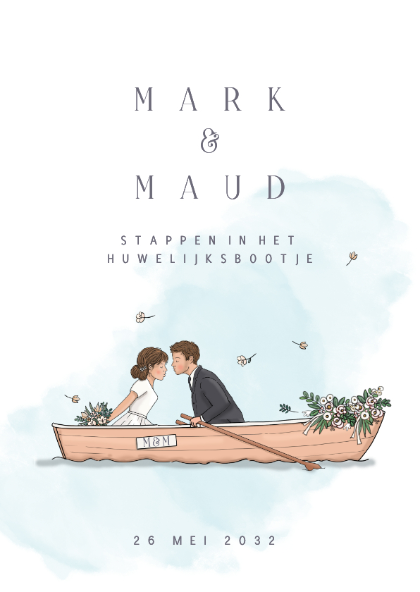 Trouwkaart huwelijksbootje met bruidspaar - Trouwkaarten Trouwkaarten - Trouwkaart huwelijksbootje met bruidspaar