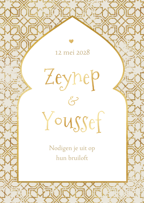 Trouwkaart Islamitisch patroon goud hartjes stijlvol - Trouwkaarten Trouwkaarten - Trouwkaart Islamitisch patroon goud hartjes stijlvol