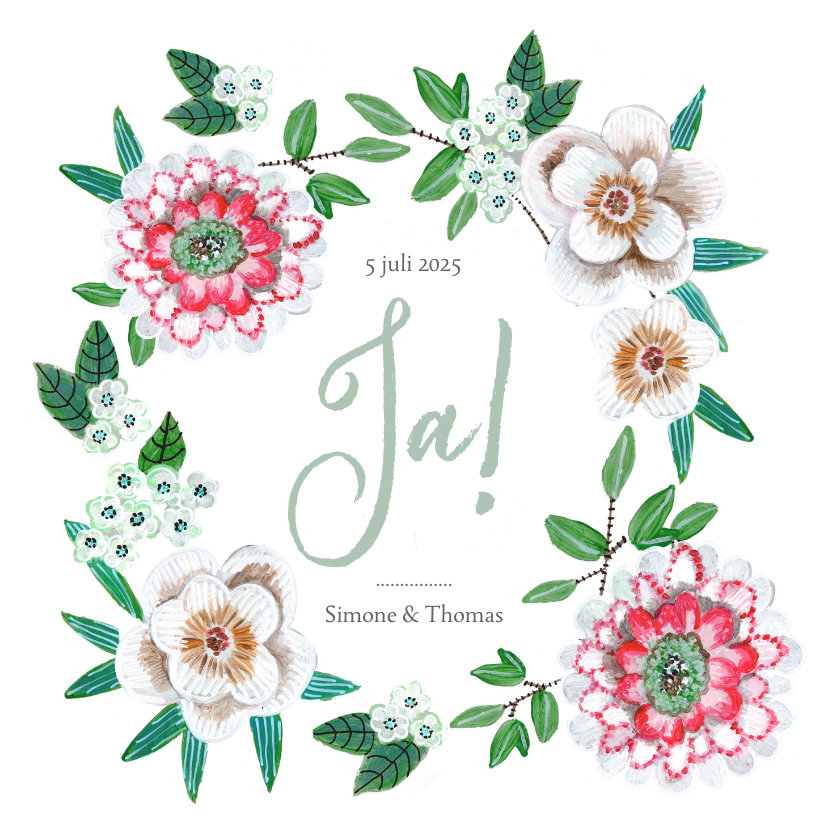 Trouwkaart Ja! met mooie bloemen - Trouwkaarten Trouwkaarten - Trouwkaart Ja! met mooie bloemen